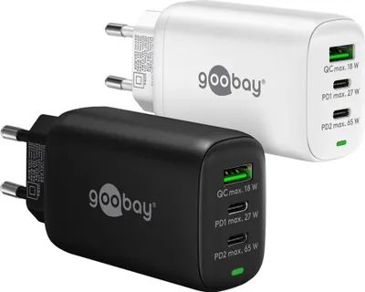 Obrázok produktu pre Goobay 65408 USB-C™ PD GaN multiportová rýchlonabíjačka (65 W) biela, biela - 2x port USB-C™ (Power Delivery) a 1x port USB-A (Quick Charge)