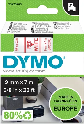 Produktbild von DYMO Original D1-Etikettenband | rot auf weiß | 9 mm x 7 m | selbstklebendes Schriftband | für LabelManager-Beschriftungsgerät