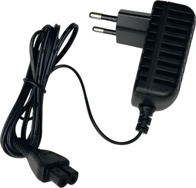 A black power adapter with a European plug and a coiled cable with a connector.