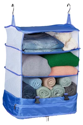 Image de Organiseur de bagages à suspendre, H x L x P : 55 x 44 x 30 cm, organiseur de valise pliable, 4 compartiments, cube de rangement portable, bleu