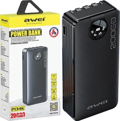 Produktbild von Awei Powerbank P134K 20000Mah Schwarz/Schwarz Display + Usb/Pd/Lightning/Microusb Kabel