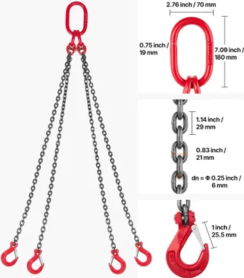 Imagen del producto de Cadena de elevación de cuatro hebras, grado G80, con un diámetro de 6,3 mm y una longitud de 1,5 metros. Incluye cuatro ganchos. Capacidad de carga: 2.993 kg. Ajustable. Adecuada para asegurar cargas y para remolque