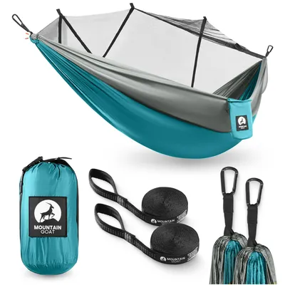 Produktbild von MOUNTAIN GOAT Trekking-Hängematte mit Moskitonetz, für 1 Person, 1,1 kg, inkl. Gurte und Karabiner, grau-türkis