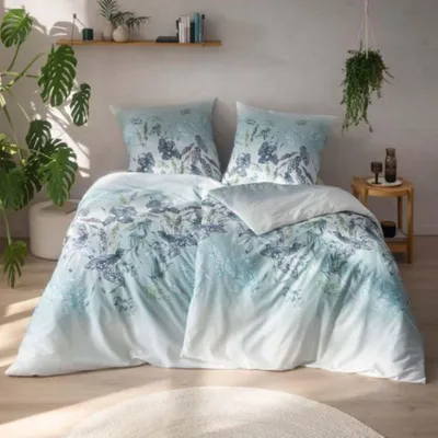 Produktbild von Estella Bio Mako Satin Bettwäsche 135x200 Soraia azur blau Blätter Gräser 3428-640