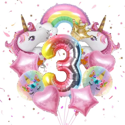 Produktbild von Unicorn Geburtstagsdekoration, 3 Jahre, 1 Folienballon, 2 Einhornballons, Bunte Festdekoration