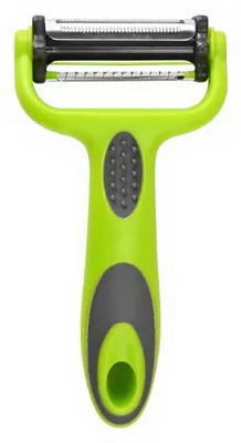 Produktbild von 3-in-1-Schäler mit Doppelmesser-Design zum Reiben und Schaben, ergonomischer, rutschfester Griff, leicht und tragbar, ideal zum Schälen von Obst und Gemüse.