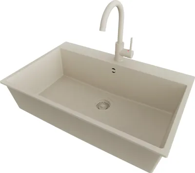 Produktbild von PRIMAGRAN Granitspüle Beige 78x50cm, Spülbecken 1 Becken + Küchenarmatur 32x20cm + Ablauf-Set, Küchenspüle ab 80er Unterschrank - Riga