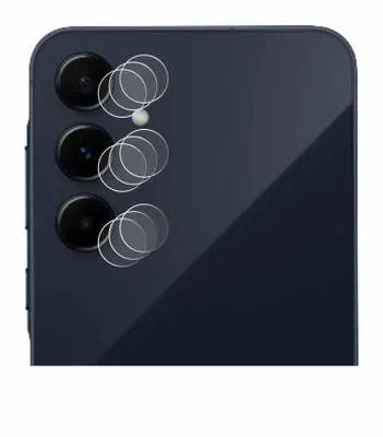 The back of a dark blue smartphone with three camera lenses and several transparent circular lens protectors placed over them.