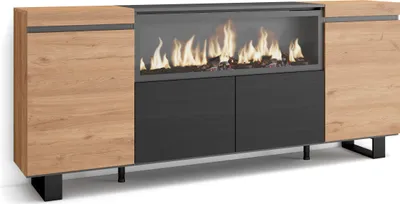 Immagine prodotto di COZY Credenza, Mobile, Cucina, 208x35x87cm, 4 Porte, Camino elettrico XXL, Rovere e Nero