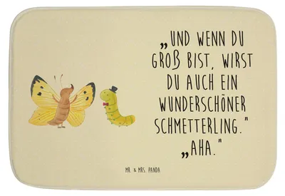 Produktbild von Mr. & Mrs. Panda Badezimmerteppich Raupe Schmetterling - Gelb Pastell - Geschenk, Entwicklung, Hut, Badteppich, Lustige Sprüche, Kokon, duschmatte, Zitronenfalter