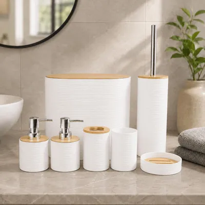 Produktbild von Badezimmer-Set 7-teilig, Bad-Accessoires mit Mülleimer, Toilettenbürste, 2 Seifenspendern, Zahnbürstenhalter, Zahnputzbecher, Seifenschale, weiß