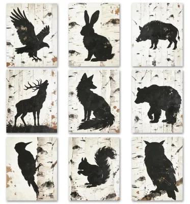 9-teiliges Wanddeko-Set, Tiersilhouetten, rahmenlose Poster, 25x20 cm