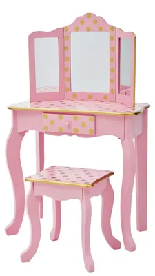 Produktbild von Kinderschminktisch Schminkkommode Spielset - Tisch und Stuhl - Polka Dots - Rosa und Gold - Für das Mädchenzimmer