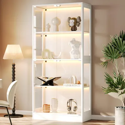 Produktbild von Flieks LED Vitrine mit 4 Ebenen Stauraum, App-gesteuertes LED-Licht, Glas Sammlungsvitrine Transparent, Push to Open Türen, Vitrine80x35x170cm,Weiß