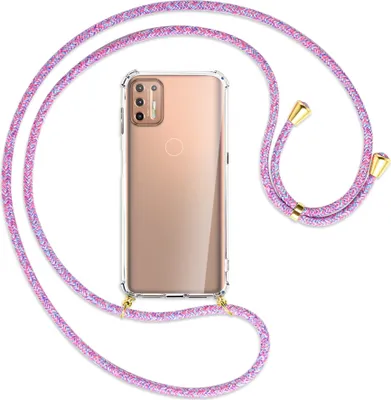 Produktbild von Handykette Backcover-Schutzhülle mit Band (Metall goldfarben) für Motorola Moto G9 Plus - braun+beige