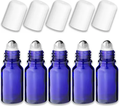 Produktbild von 5x Blaue Glasflasche 10 ml Roll-On mit weißem Schraubverschluss 18 mm