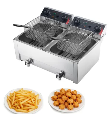 Obrázek produktu pro Profesionální elektrická fritovací jednotka SucceBuy, 14 litrů, 5000 W, nerezová ocel, stolní provedení, s koši, víky, regulací teploty, časovačem a ochranou proti přehřátí, ideální pro gastronomii, občerstvení a kuchyně