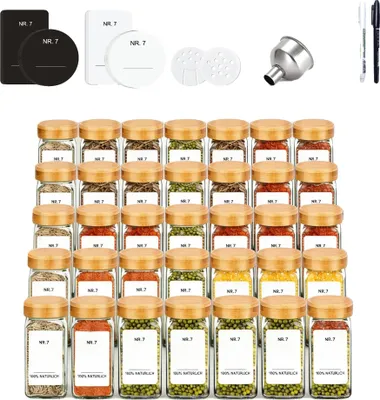 Obrázek produktu pro Sklenice na koření, borosilikátové sklo, ekologický bambusový víček, 35 sklenic na koření