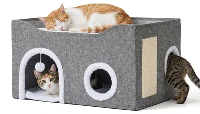 Zdjęcie produktu dla Legowisko dla kota Relaxdays, wymiary: 34 x 60 x 40 cm, z powierzchnią do drapania, piłką, 2 poduszkami dla kota, składane legowisko, kolor: szary