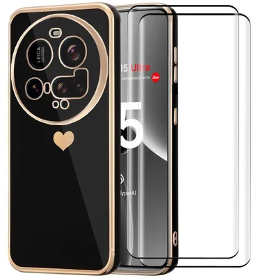 Image de Coque + 2 Verres Trempés pour Xiaomi 15 Ultra, avec Motif Cœur Anti-Rayure Souple TPU Noir