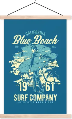 Produktbild von MuchoWow® Textilposter Surfbrett - Strand - Palme - Vintage 60x90 cm mit holzfarbenen Rahmen - Textil