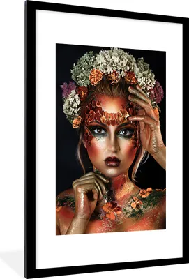Produktbild von MuchoWow® MuchoWow® Gerahmtes Poster Blumen - Frau - Krone 60x90 cm - Poster mit zchwarzem Bilderrahmen - Dekoration - Wandposter Wohnzimmer - Hochwertig