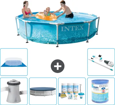 Produktbild von Intex Rundrahmen-Schwimmbecken – 305 x 76 cm – Wasserdruck – inklusive Pumpe Abdeckung - Wartungspaket - Filter - Bodenplane - Staubsauger