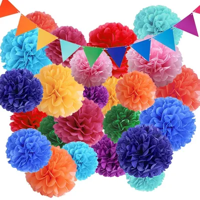 Produktbild von Party Deko Set 25 Stück Seidenpapier Pompons & Wimpelkette Bunt Mehrfarbig