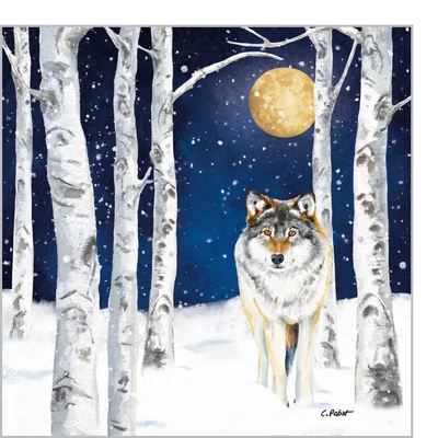 Produktbild von 20 kleine Cocktailservietten Winter Wolf - Wolf im Mondschein 25x25cm