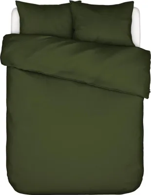 A top-down view of a green duvet and pillow set on a bed.