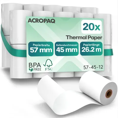 Produktbild von ACROPAQ - 20 x Thermische Kassenrolle - 57 x 47 x 12 mm - Bonnrolle, Thermopapier, Thermorolle - BPA-frei