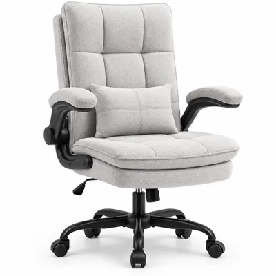 Produktbild von CRELIV -Ergonomischer Bürostuhl aus Stoff, Schreibtischstuhl mit 125° Wippfunktion, Lendenkissen, klappbaren Armlehnen, höhenverstellbar, Grau, KI-generiertes Bild