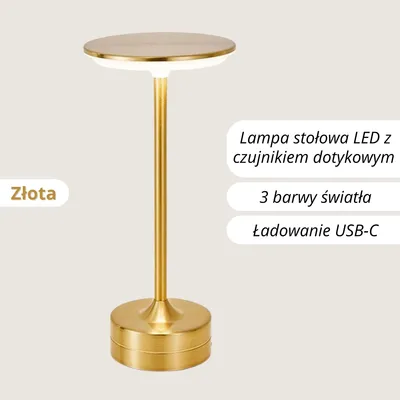 Zdjęcie produktu dla Lampa stołowa LED z czujnikiem dotykowym – 3 kolory światła, ściemniana – USB ładowana & bezprzewodowa – Nowoczesna lampka nocna – Złota