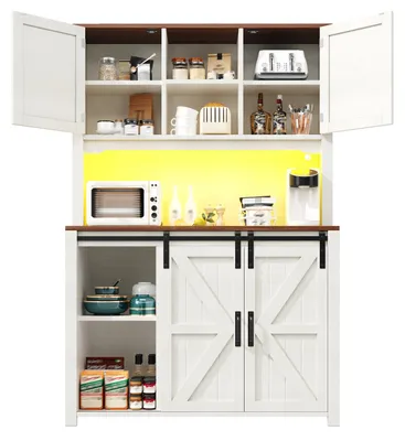 Imagen del producto de Armario de cocina alto con iluminación LED, de 115x40x174,7 cm, aparador de cocina blanco con puertas correderas, estantes internos y dos cajones