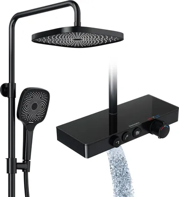 Produktbild von Bateria prysznicowa Rainsworth z termostatem i szklaną półką, czarna, model rozszerzony