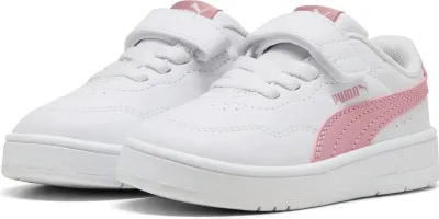 A pair of white Puma sneakers with pink accents for children.