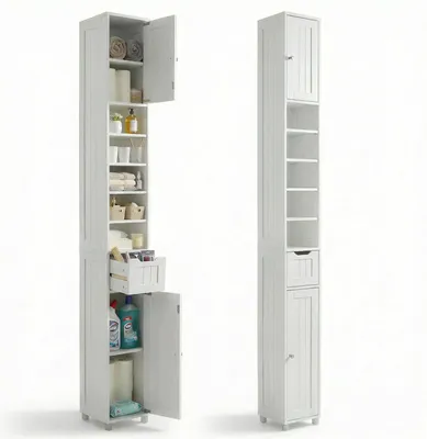 Produktbild von VOUNOT® Badezimmerschrank Hoch mit 2 Türen und 1 Schublade, Badschrank Schmal, Badezimmer Hochschrank, 20x20x180cm, Weiss