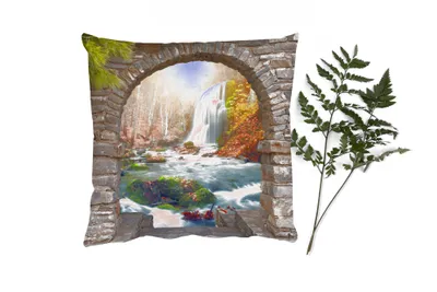 Produktbild von MuchoWow® Zierkissen Sofakissen Wohnzimmer Dekokissen 50x50 cm Aussicht - Wasserfall - Herbst - Landschaft - Komfort - Sofakissen