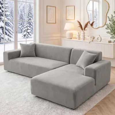 Immagine prodotto di Copertura per divano a forma di L, per 2 posti + chaise longue, color grigio argento, in velluto