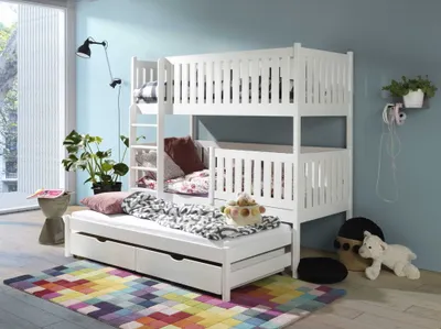 Produktbild von KEF Julia Etagenbett Kinder Etagenbett 3 Personen Holz Kinderbett mit Schubladen ohne Matratze Leiter Links Weiß 80x180 cm