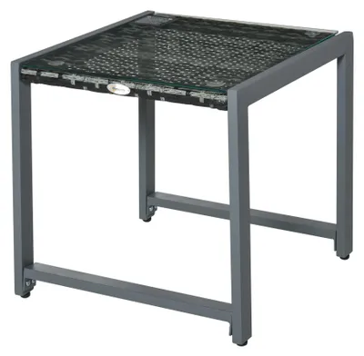 Produktbild von Rattan Beistelltisch mit Hartglasplatte – Aluminium Gartentisch wetterfest – Moderner Couchtisch für Balkon & Terrasse