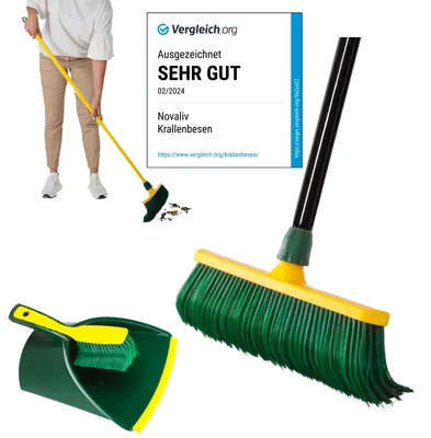 Produktbild von Novaliv Premium Krallenbesen mit Stiel 40cm inkl. Jumbo Kehrgarnitur, Spezialbesen gebogenen Borsten Kunststoffkopf -Ideal als Gartenbesen, Kratzbesen, Kunstrasen Besen, Optimal für Camping