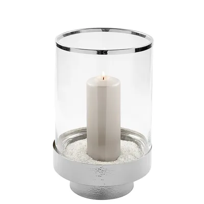 Produktbild von Fink KALUX, Windlicht mit Glas, Eisen, vernickelt , gehämmert, silberfarben, klar, H. 35 cm, D. 23 cm Höhe: 35.00 cm Durchmesser: 23.30 cm 146168