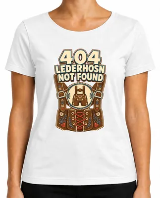 Immagine prodotto di T-shirt da donna con scritta "404 Lederhosn Not Found" (Nessuna lederhosen trovata), stile , colore bianco, taglia L
