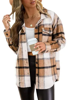 Produktbild von AUTOMET Damen Casual Plaid Shacket Wollmischung Knopfleiste Langarm Hemd Herbst