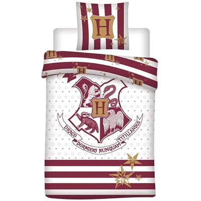 Immagine prodotto di Set di lenzuola bianche e marroni con lo stemma di Hogwarts, Harry Potter, 140 x 200 cm