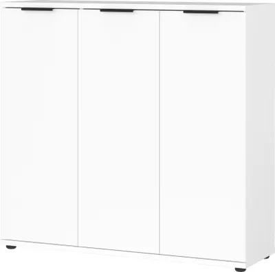Produktbild von Schuhschrank mit 3 Türen, dahinter 10 Einlegeböden, Platz für bis zu 24 Paar Schuhe, in der Farbe Weiß, 113 x 108 x 37 cm (BxHxT)