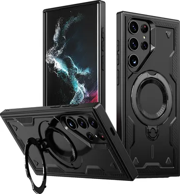 Immagine prodotto di Custodia a doppio strato per Samsung Galaxy S22 Ultra, custodia protettiva militare magnetica con anello in metallo e supporto Nero