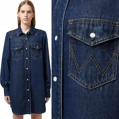 Immagine prodotto di Abito camicia Wrangler con maniche a palloncino, blu navy, abito in denim, taglia S