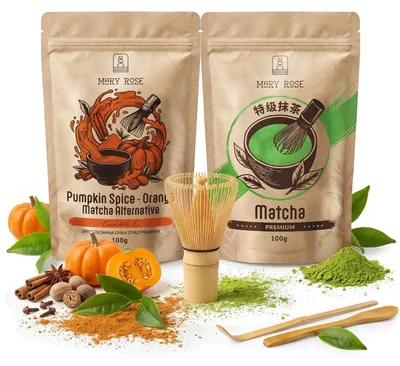 Produktbild von Mary Rose - Matcha Tee Set Premium 100g & Orange Pumpkin Spice Pulver 100g - Mit Bambus Chasen Besen, Chashaku & Löffel